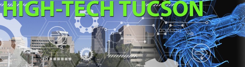 Engineering blueprint and Tucson skyline make up an illustration titled High-Tech Tucson.