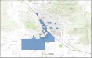 Map of Tucson metropolitan area shows in blue the Tucson Opportunity Zones.