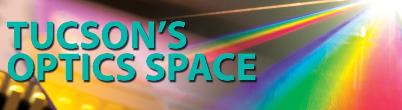 A picture of a colorful prism of light shining onto optics components is titled Tucson’s Optics Space.