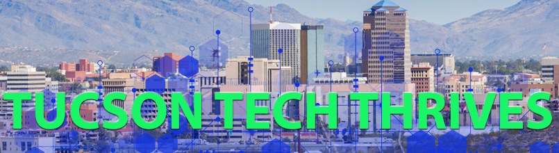 Tucson skyline behind an illustration of tech icons and the words Tucson Tech Thrives.