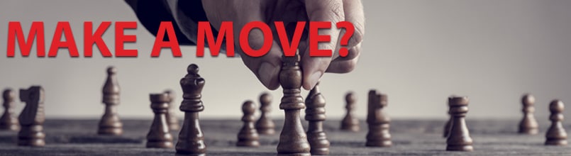 A picture shows a hand moving a chess piece on a game board. Above the picture are the words Make a Move?