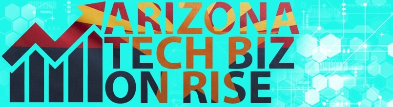 An arrow points up and the words “Arizona Tech Biz on Rise” in an illustration on business- friendly rankings driven by Arizona tech jobs.