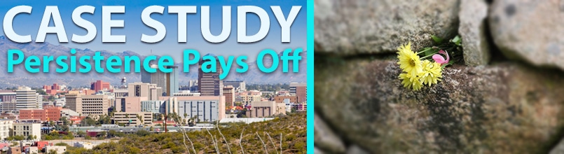 A photo of the Tucson downtown skyline is under the words Case Study: Persistence Pays Off. A second photo shows a flowering plant growing among rocks.