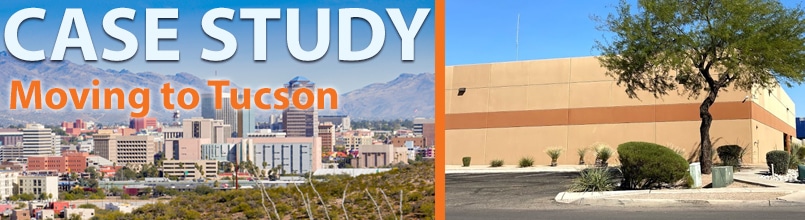The words Case Study Moving to Tucson are over a picture of the downtown Tucson skyline. A second photo shows the new building of Distant Focus Corp.