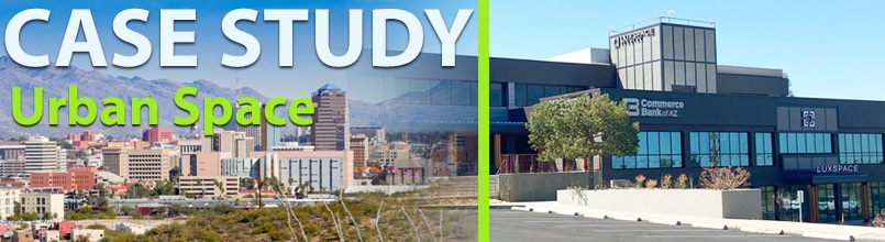 The words Case Study: Urban Space is over a photo of the downtown Tucson skyline while a second photo shows the new Tucson office space for Tiltify.