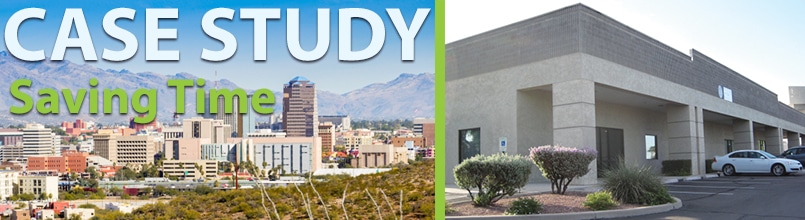 Photo of downtown Tucson skyline is under the words “Case Study Saving Time.” Next to it is a photo of an office building.